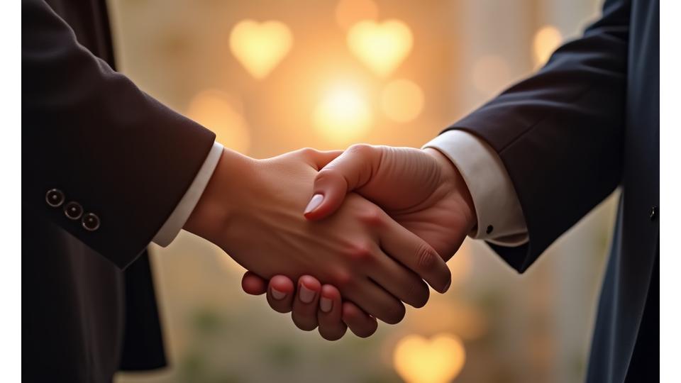 Dwie osoby uściskające dłonie, symbolizujące współpracę i partnerstwo z subtelnymi elementami serca w tle.