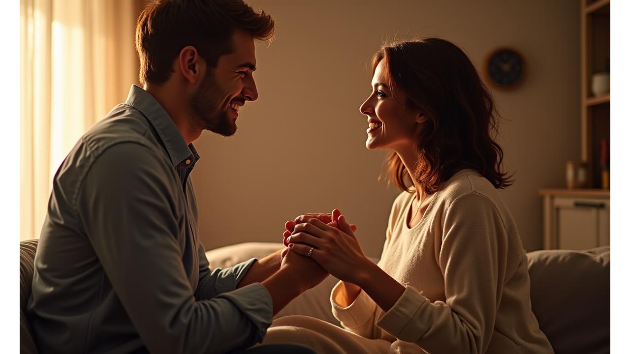 Para rozmawiająca w spokojnej, pełnej zrozumienia atmosferze, symbolizująca radzenie sobie z trudnymi emocjami i wzrost w związku.