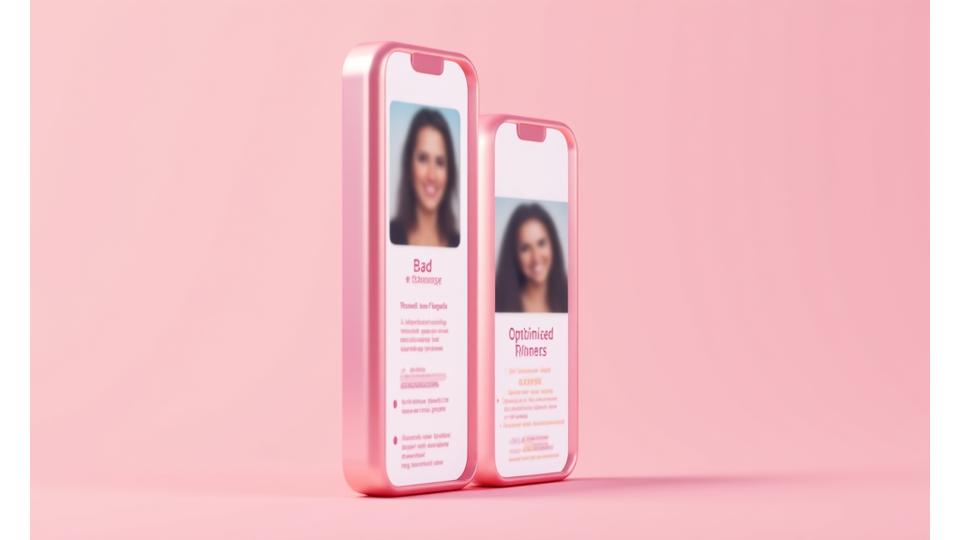 Zrzut ekranu dwóch profili randkowych na smartfonie, pokazujący różnicę między słabym a dobrym bio i zdjęciami, z adnotacjami i dymkami z poradami, w ciepłych, przyjaznych barwach strony.