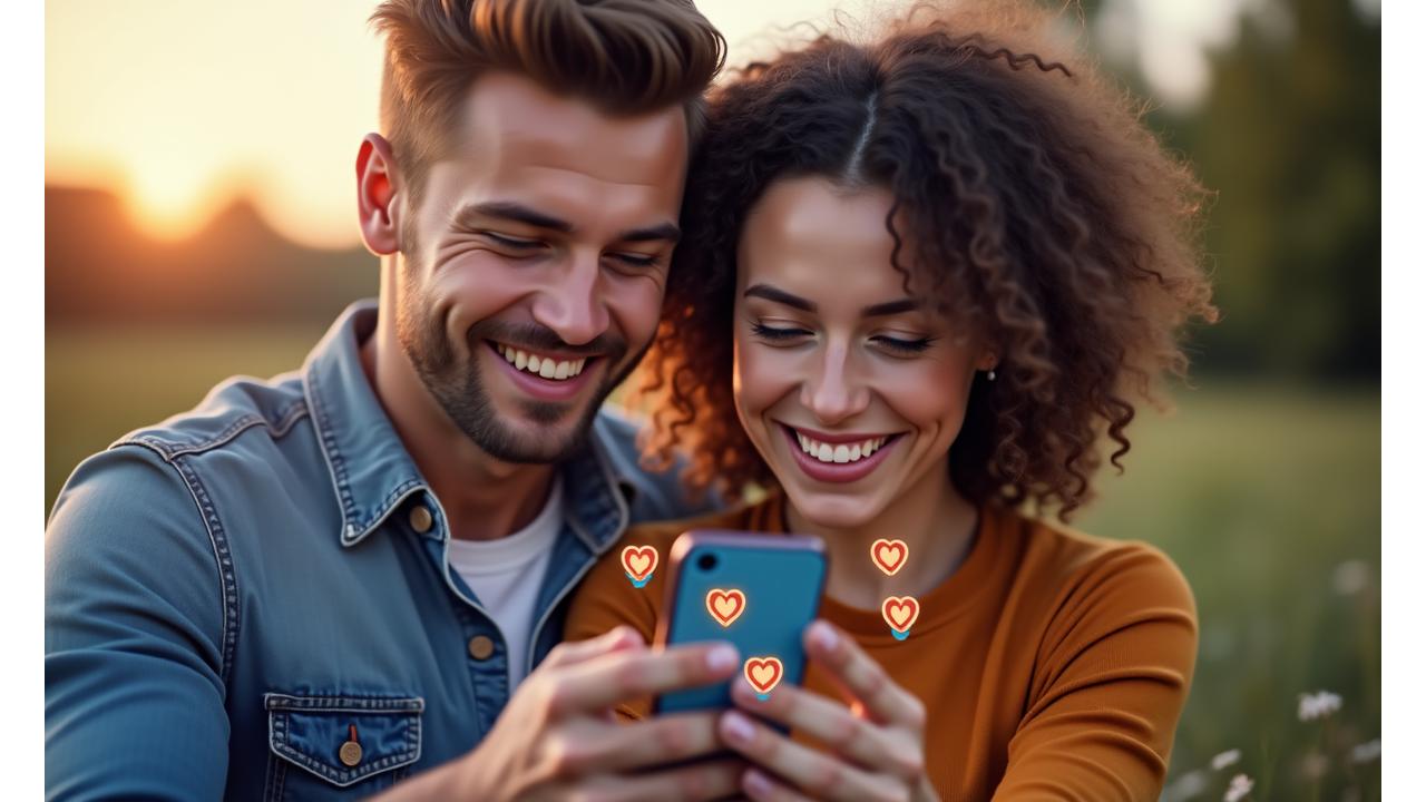 Kobieta i mężczyzna uśmiechają się, przeglądając aplikację randkową na smartfonie, otoczeni ikonami bezpieczeństwa i serc, z delikatnym, ciepłym oświetleniem, symbolizującym bezpieczne i udane randki online w Polsce.