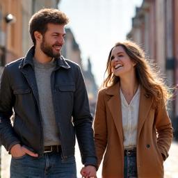 Kasia i Marc, śmiejący się razem podczas spaceru po Gdańskiej Starówce, trzymając się za ręce, z słońcem przebijającym się przez gotyckie fasady.